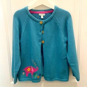 JoJo Maman Bébé Girls Teal Embroidered Hand Knit Soft Elephant Cardigan- 5T